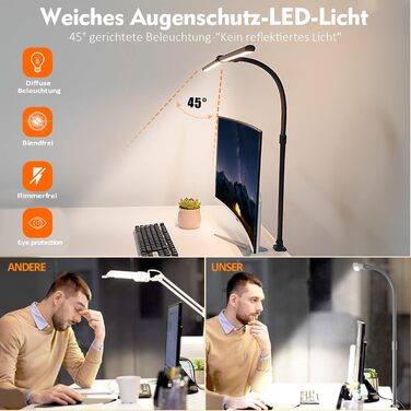 LED настільна лампа LOTTBUTY з гнушим шийкою, 24W, 80см, для офісу та дому, регулювання яскравості, денне світло, чорний колір