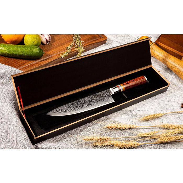 Японський кухонний ніж FANTECK Gyuto з дамаської сталі 20 см (67 шарів VG-10) з дерев'яною ручкою, професійний ніж для кухні, подарункова коробка