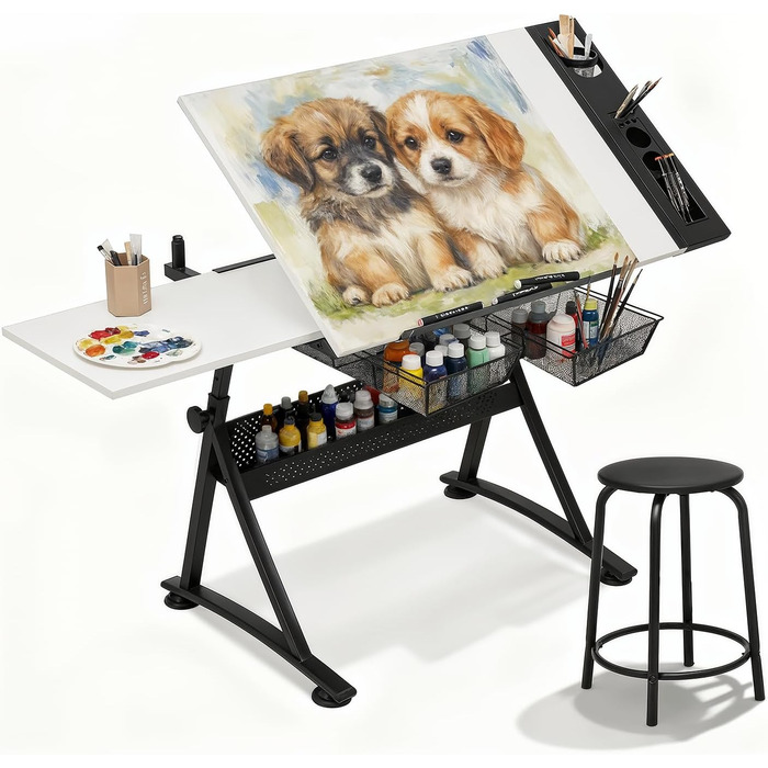 Набір мольбертів Magshion: регульований стіл для художника з нахиленою дерев'яною стільницею, стілець та 2 висувними ящиками для зберігання. Підходить для дому, офісу та школи (білий/чорний)