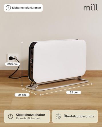 Електричний конвекторний обігрівач Mill 2200W - для кімнат 24-28 м², з таймером, білий
