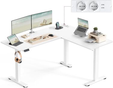 Електричний кутовий стіл VASAGLE з регулюванням висоти, 140 x 160 см, з підзарядкою, пам'ять висоти (2 положення), для офісу, білий (вохрений + матовий)