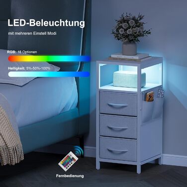 Нічний столик з підзарядкою та LED-підсвіткою, білий, 25x30x60 см, з 3 висувними ящиками, полицею та USB/Type-C портами