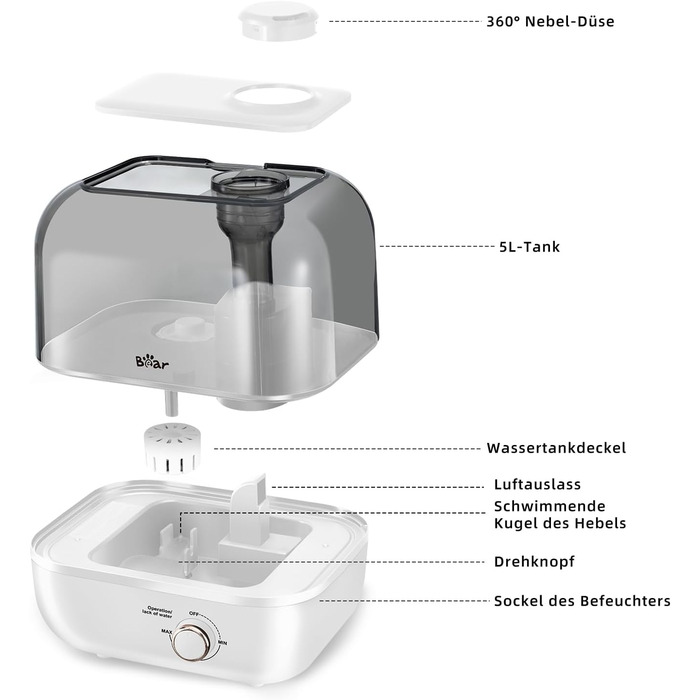 Зволожувач повітря BEAR 5 л, насадка 360, надтихий 28 дБ, час роботи 35 годин, ароматерапія, автоматичне вимкнення, білий
