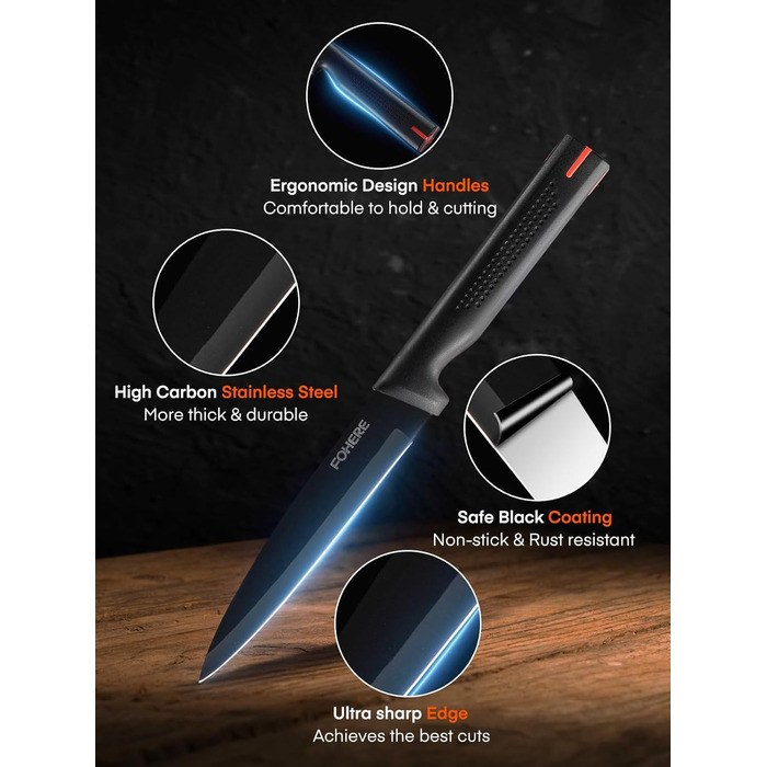 Набір ножів FOHERE 13 предметів з точилкою: якісний набір кухонних ножів з нержавіючої сталі з точилкою та підставкою, чорний граніт
