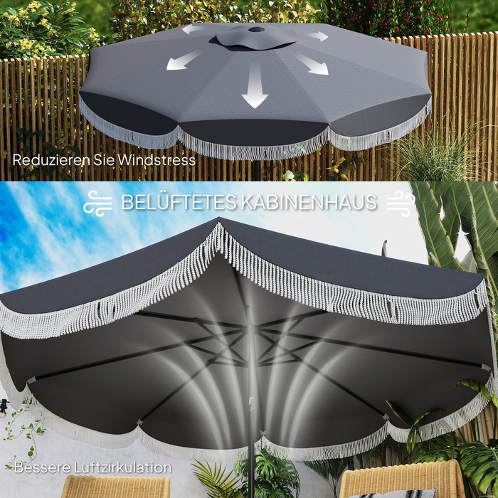 Outsunny Parasol Ø269 см, UV 30+Парасолька Восьмикутний балкон Парасолька Пляжна парасолька Вітрозахисний ринок Парасолька Crank Захист від сонця для пляжу Балконний сад, темно-сірий