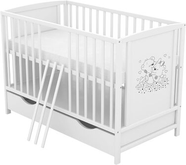 Дитяче ліжко Baby Delux 60x120 см біле, мотив ведмедя, з ящиком і матрацом