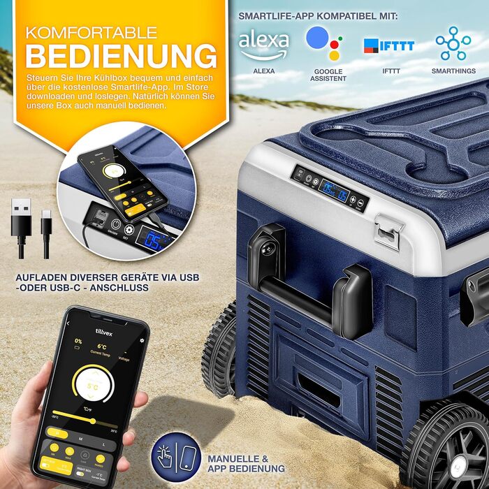 Автомобільний компресорний холодильник Tillvex 50л з Wi-Fi та охолодженням до -20°C (Navy Blue) 12/24V/230V