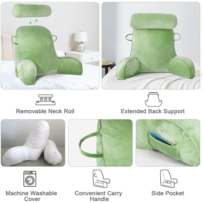 Крісло-подушка для читання Mingfuxin для ліжка, дивану, підлоги. З підголовником та підтримкою спини. Зелене