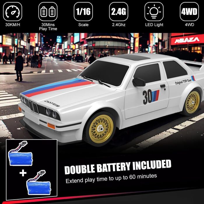 RC Дрифт-кар Mostop 1/16, 2.4GHz, 4WD, 30+ км/год, LED, 2 акумулятори, Білий