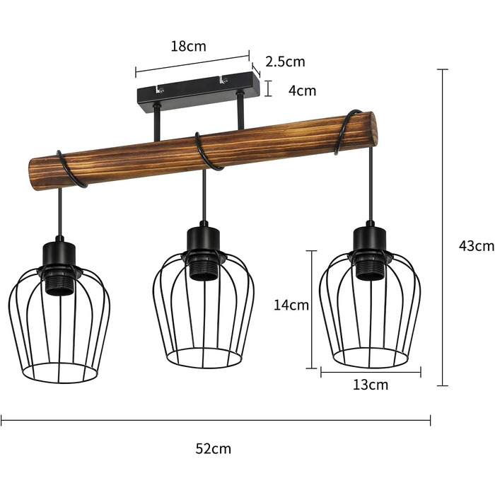 Ретро підвісний світильник вінтажний, регульований по висоті, E27, 3-полум'яний, без лампочки, промисловий дизайн