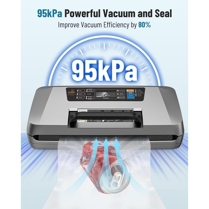 Професійний вакууматор для продуктів 12-в-1, 95кПа, з функцією безперервного вакуумування та подвійним швом, сріблястий (комплект: 1 рулон та 10 пакетів)