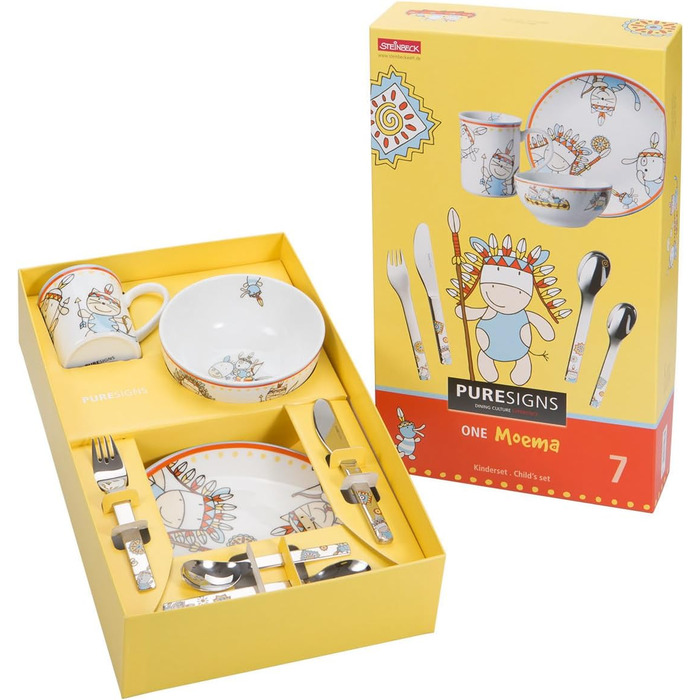 Дитячий посудовий набір Puresigns MOEMA 7-piece – Яскравий дизайн у стилі Дикого Заходу з вождем 'Мирна Корова' – Якісний нержавіючий сталь та порцеляна – Ідеально для днів народжень та особливих подій