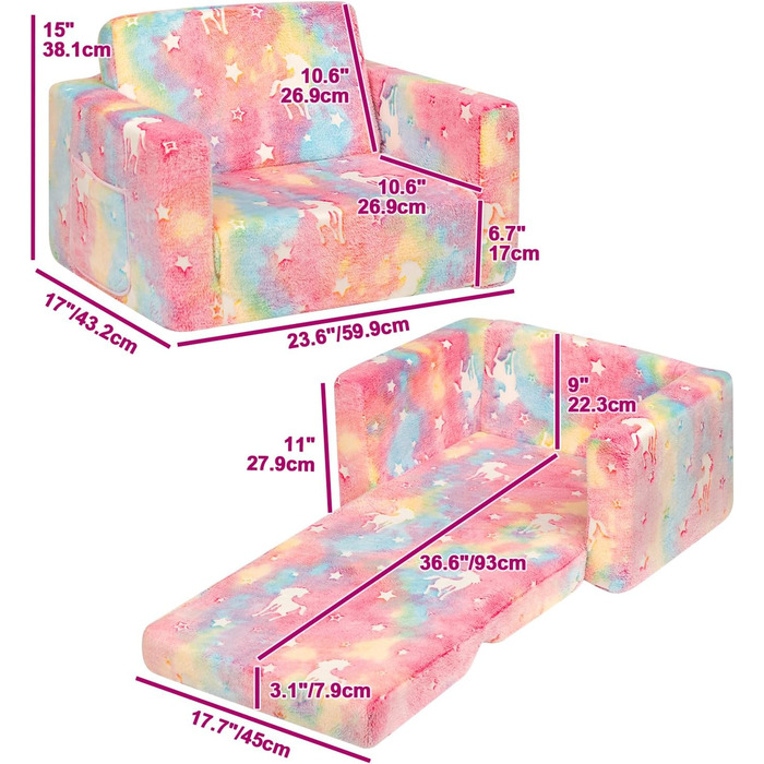 Дитяче розкладне диван-крісло BEJOY 2 в 1, Sherpa, з єдинорогами, для дитячої кімнати, подарунок на день народження, для дівчаток та хлопчиків