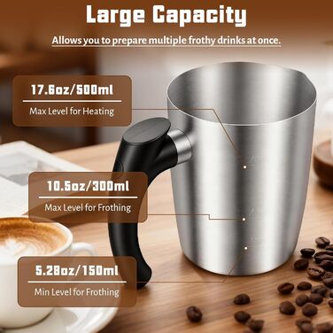 Електричний спінювач молока 5-в-1 з нержавіючої сталі, 500 мл, знімний контейнер, контроль температури, для гарячого та холодного молока, капучино, лате