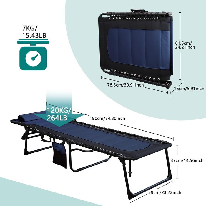 Великий розкладний шезлонг для саду: 5 положень спинки, Outdoor, XXL, триногий, для пляжу/кемпінгу, до 150 кг, з подушкою та кишенею, 200x68 см, сірий (Navy_s, 190x59 см)