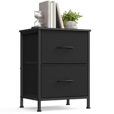 SONGMICS Комод з 2 висувними ящиками, шафка для зберігання, сталь, MDF, тканина, для спальні, прихожої, вітальні, чорний, LGS312BH03