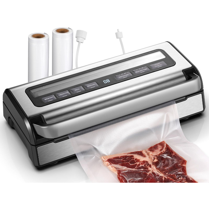 Вакууматор для продуктів 9-в-1 з потужністю 95 кПа, регулюванням часу та тиску, функцією пам'яті, подвійним запаянням, вбудованим різаком та відсіком для пакетів, корпус із нержавіючої сталі, у комплекті 2 ролини та шланг