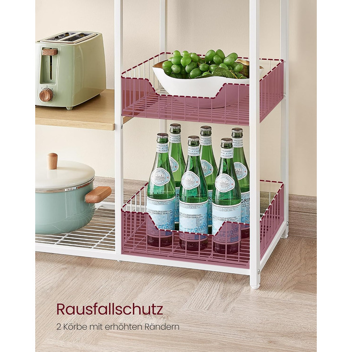 Стелаж кухонний VASAGLE з 2 металевими кошиками, рейли та полиці, для мікрохвильової печі, 35 x 80 x 93,5 см, золотий дуб + білий