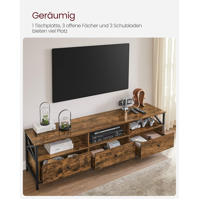 Тумба під телевізор VASAGLE до 80 дюймів, з 3 шухлядами та 3 полицями, 178x40x50 см, вінтажний коричнево-чорний, сталевий каркас