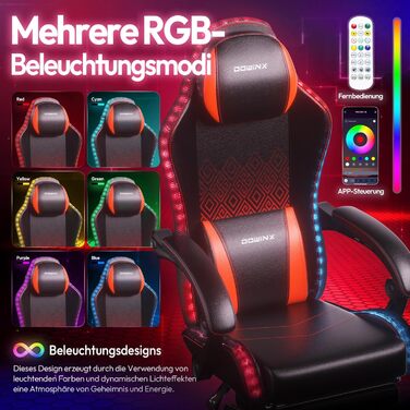 Ігровий крісло Dowinx з RGB підсвічуванням, LED, з підніжкою, для дорослих, ергономічний, з масажем попереку, PU шкіра, білий (червоний)