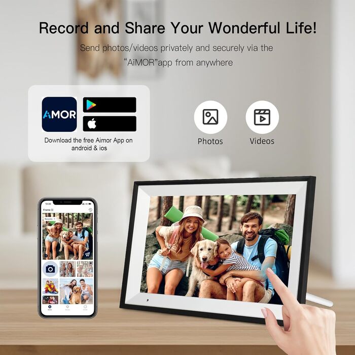 Цифровий фоторамка 10.1 дюйма, WiFi, 32GB, IPS сенсорний екран, HD 1280x800, автоматичне обертання, підтримка фото та відео, чорний