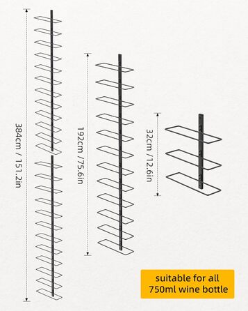 Настінна полиця для вина TJ.MOREE на 12 пляшок, дерев'яний винотримач для кухні, бару та їдальні, чорний комплект 8 шт.