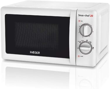 Мікрохвильова піч HAEGER SOUS-CHEF 20 700 Вт, об'єм 20 л, 6 рівнів потужності, функція розморожування, таймер на 30 хвилин, скляне обертове блюдо, 24,5 см