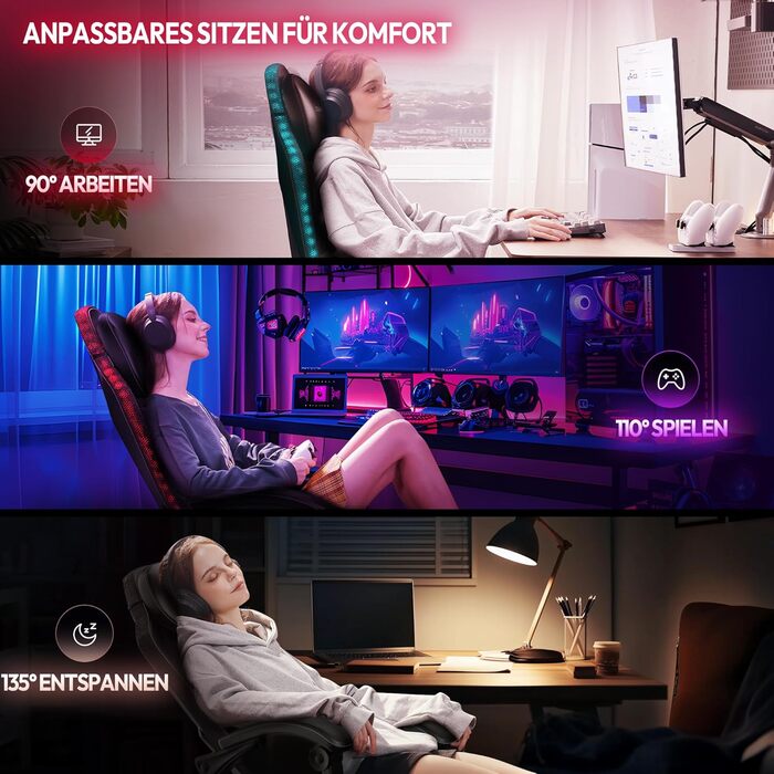 Ігровий крісло Dowinx з RGB підсвічуванням, LED крісло для геймерів з підніжкою, ергономічне крісло з масажем попереку, для дорослих, PU шкіра, білий (чорний)