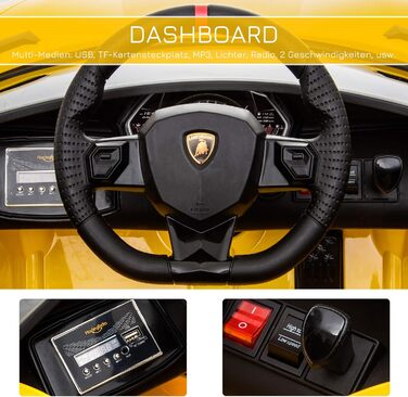Електромобіль для дітей HOMCOM Lamborghini SVJ, ліцензія, 12V, металевий, жовтий, з дистанційним керуванням, музика, USB, для дітей 3-8 років