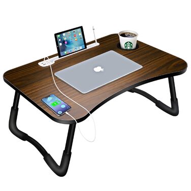 Зручний столик для ноутбука на ліжко/диван, з USB, ящиком та підставкою для планшету (60 x 40 см, коричневий)