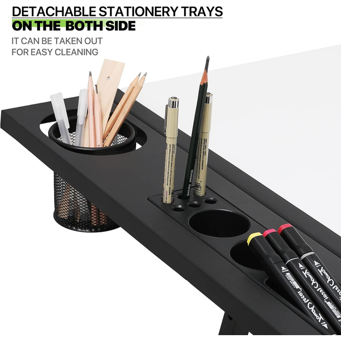 Набір мольбертів Magshion: регульований стіл для художника з нахиленою дерев'яною стільницею, стілець та 2 висувними ящиками для зберігання. Підходить для дому, офісу та школи (білий/чорний)