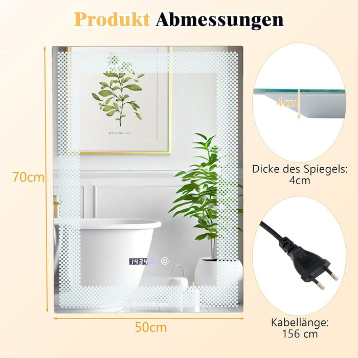 Дзеркало GOPLUS з підсвічуванням для ванної кімнати та вітальні, 3 кольори світла, антизапітніння, годинник, температура, функція пам'яті, модель 4