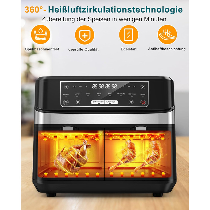 Подвійна фритюрниця без олії з 2 камерами, 10л, 8-в-1, сенсорний екран, таймер, XXL