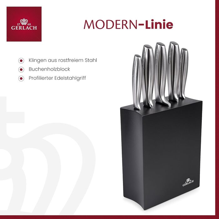 Набір кухонних ножів Gerlach Modern: 5 ножів у блоці з нержавіючої сталі. Кухонні ножі, блендер, ніж для хліба, ніж для овочів, кухонні аксесуари