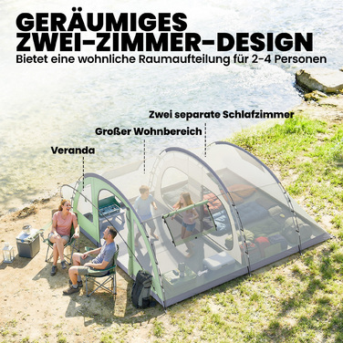 Сімейний намет-тунель на 4 особи з 2 спальнями, тамбуром, 4 вікнами, підлогою та висотою стелі. Водостійкість 3000 мм.