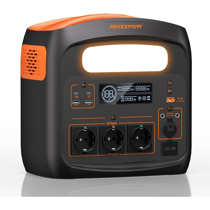 Портативна електростанція 1500W (3000W пікова потужність), 1102,5Wh LiMnFePO4 акумулятор, швидка зарядка за 90 хв, PD 100W, USB-C/AC/DC, сонячна панель, для кемпінгу, резервне живлення, на відкритому повітрі (Помаранчевий + Чорний)