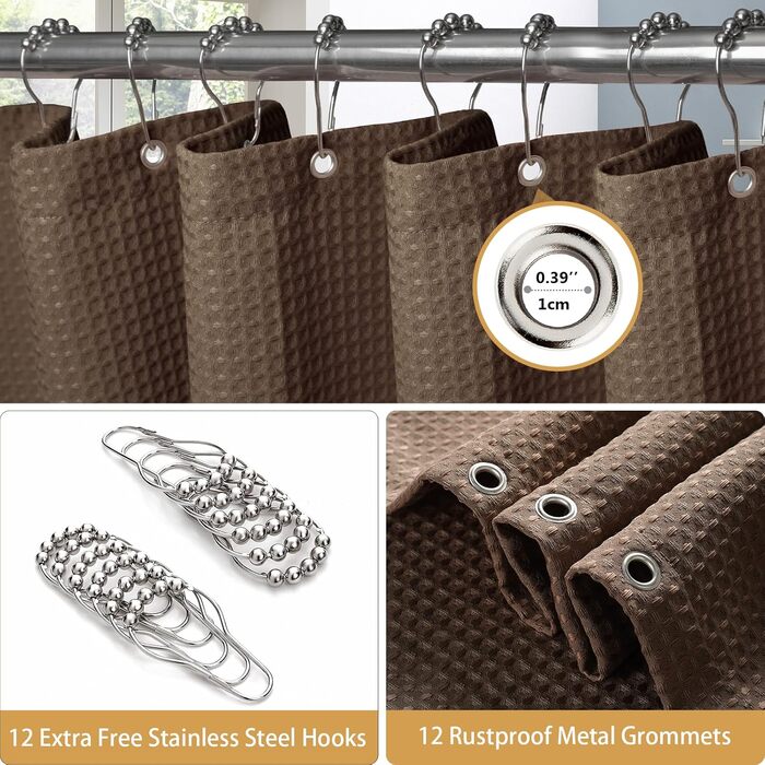 Шторка для душу з льону з металевими кільцями, сіра, 182 x 214 см - Текстильна шторка для ванни, вологостійка, важка