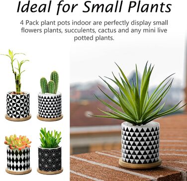 4 шт. горщики для сукулентів Coolty, кераміка, 7 см, міні-кактуси, геометричний дизайн, з підставкою та бамбуковим піддоном для декору