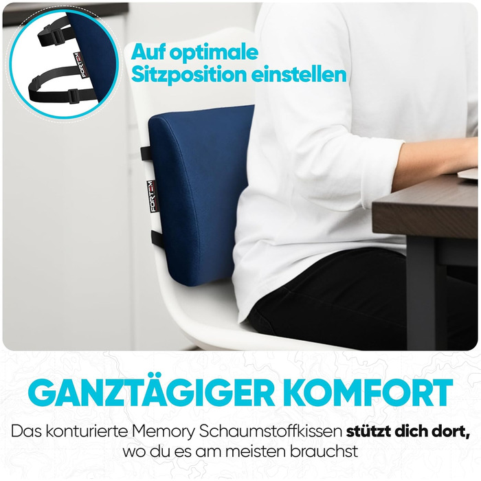 Пояснична подушка FORTEM для авто та офісного стільця, ортопедична підтримка спини з ефектом пам'яті (Memory Foam), дихаючий чохол, синій велюр