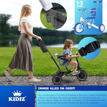 Біговел-триколіс KIDIZ 6-в-1 для дітей 1-5 років до 25 кг, з ручкою, захисним бампером, ременем безпеки, дзвінком та дзеркалом (Антрацит)