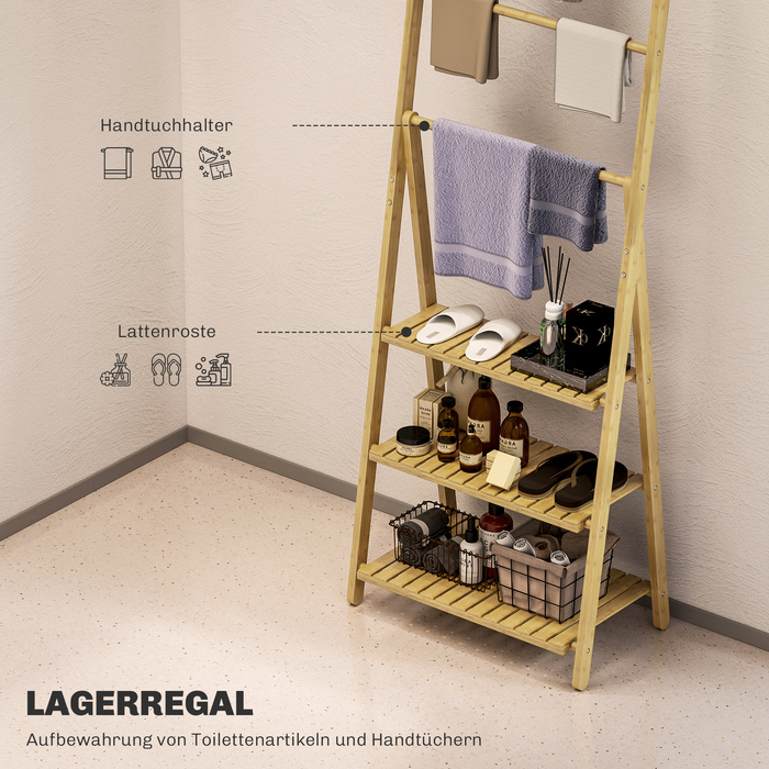 Трирівнева полиця для ванної кімнати, 3 тримачі для рушників, бамбуковий каркас, у формі літери А, решітчасті полиці