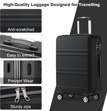 Чемодан KONO 24 дюйми, ABS, з TSA-замком, 4 колеса, 65×44×25.5 см, чорний, 3-частинний набір