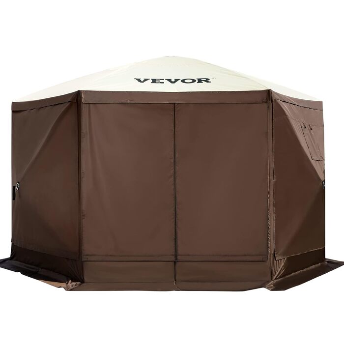Швидкорозкладний павільйонний намет VEVOR 6x6 футів, коричневий, з москітною сіткою, 4 знімними вітрозахисними шторами та сітчастими вікнами, для захисту від сонця