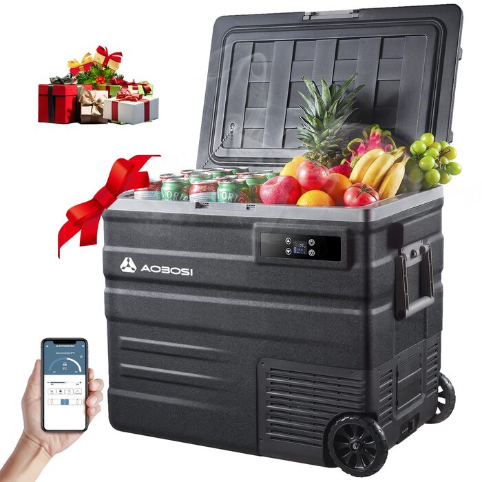 Автомобільний компресорний холодильник AAOBOSI 65л з Wi-Fi, LED, -20°C/+20°C, 12/24V/220V, на колесах для авто, кемпінгу, подорожей