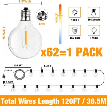 Метрові світлодіодні гірлянди для зовнішнього освітлення, гірлянди G40 для підвісних світильників теплого білого кольору, гірлянди для саду з вуличними водонепроникними світлодіодними лампами 30 1 для вечірки на Різдво (G40-36,5 м), 18-