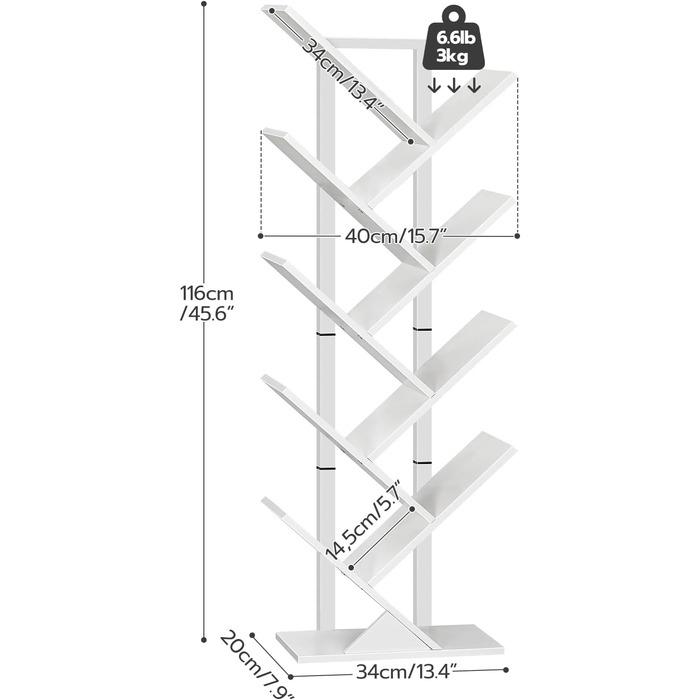 Книжкова шафа HOOBRO, деревоподібна стояча полиця, підлогова книжкова шафа з 9 ярусами, книжкова шафа для домашнього офісу, для зберігання книг, компакт-дисків, міцна та стійка, для вітальні, біла EWT08SJ01G1