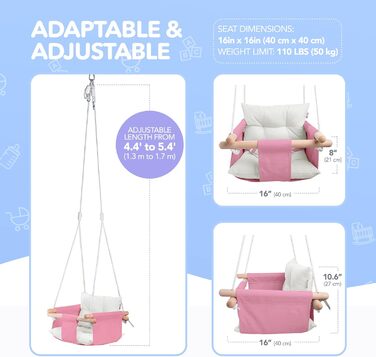 Дитяча гойдалка Cateam з дерева для дому та саду. Безпечний ремінь, від 12 місяців. Різні кольори, рожева.