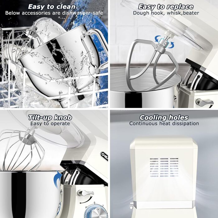 Кухонна машина Cheflee 2000W: потужна планетарна міксер для тіста та збивання, 6 швидкостей, 7.2 л чаша з нержавіючої сталі, гак для тіста та вінчик, захист від бризок (Cream White)