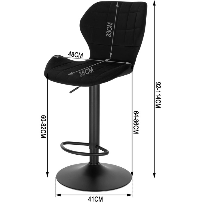 Барний стілець WOLTU регульований по висоті 60-82 см, поворотний, зі спинкою, оксамитовий/металевий, чорний