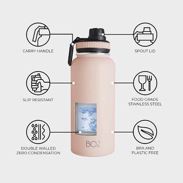 Пляшка для пиття з нержавіючої сталі BOZ XL (1 л / 32 Унції) з широкою шийкою, не містить бісфенолу А, з вакуумною ізоляцією з подвійними стінками (рожева)